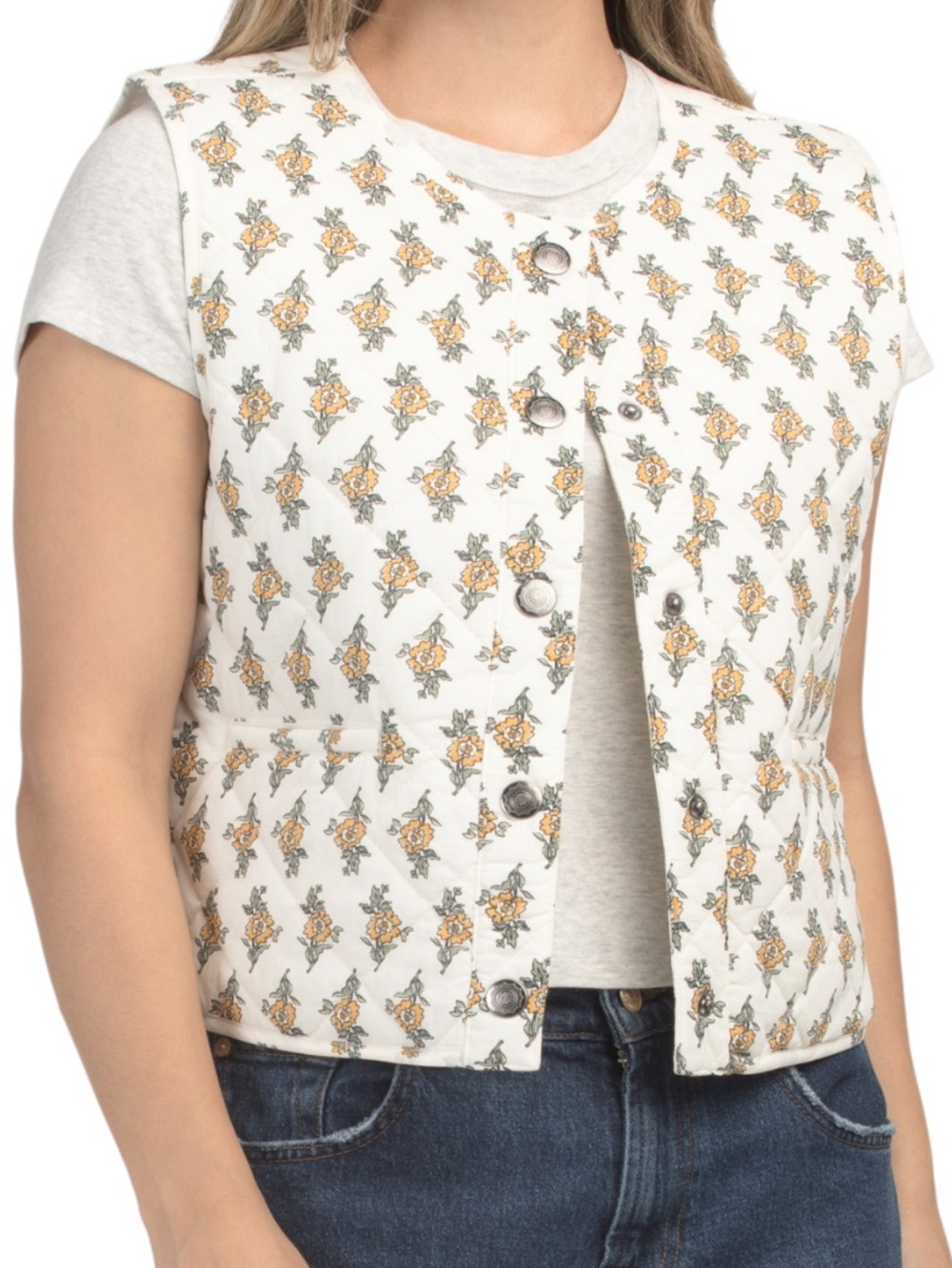 Lucky Brand lWhite Floral Quilted Button-Front Women's Vest